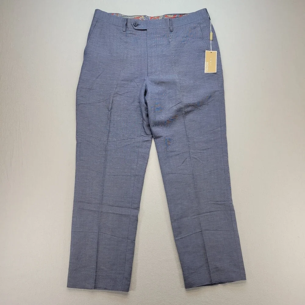 Michael Kors Pants Mens 34x28* Blue Linen Slim Fit Straight Leg Pleated Luxury